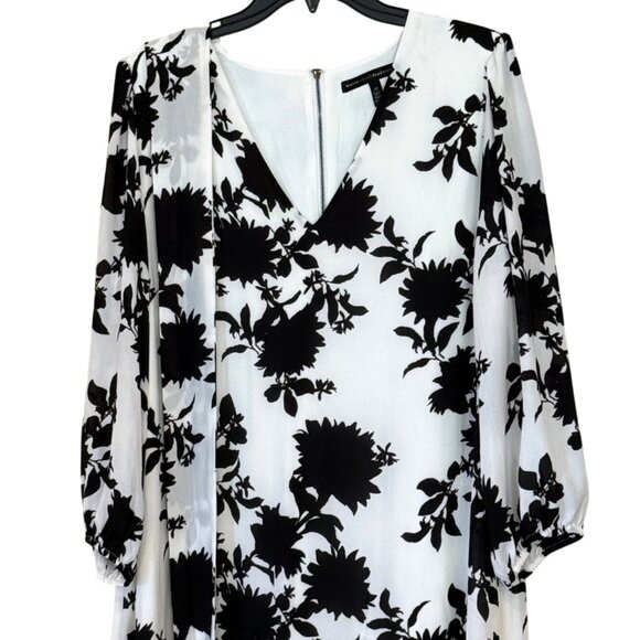 White House Black Market Godet Dress in Black White Floral Belt Size 14 - Picture 7 of 11